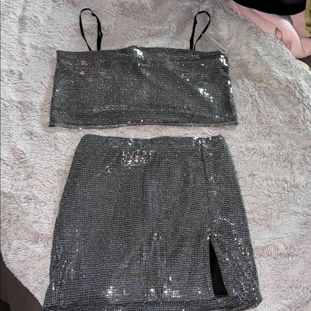 Silver Sequin Skirt Set